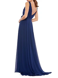 Pleated V-Neck Draped Tie Gown