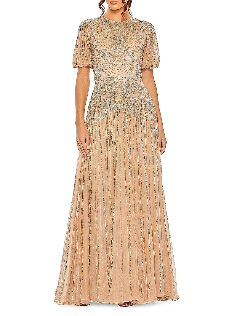 Embellished Puff-Sleeve A-Line Gown