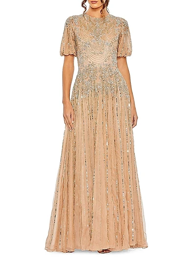 Embellished Puff-Sleeve A-Line Gown
