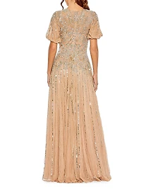 Embellished Puff-Sleeve A-Line Gown