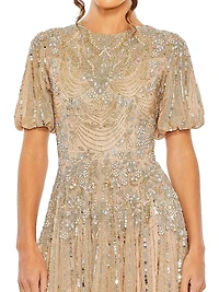 Embellished Puff-Sleeve A-Line Gown