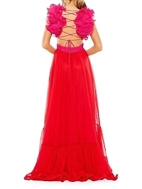 Ruffled Chiffon Lace-Up Gown