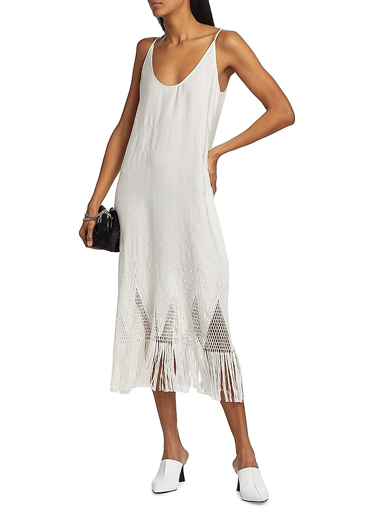 Embroidered Fringe-Trimmed Midi-Dress