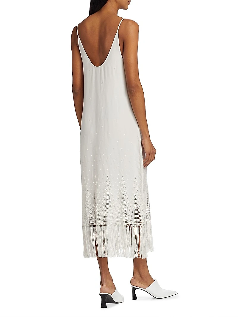 Embroidered Fringe-Trimmed Midi-Dress