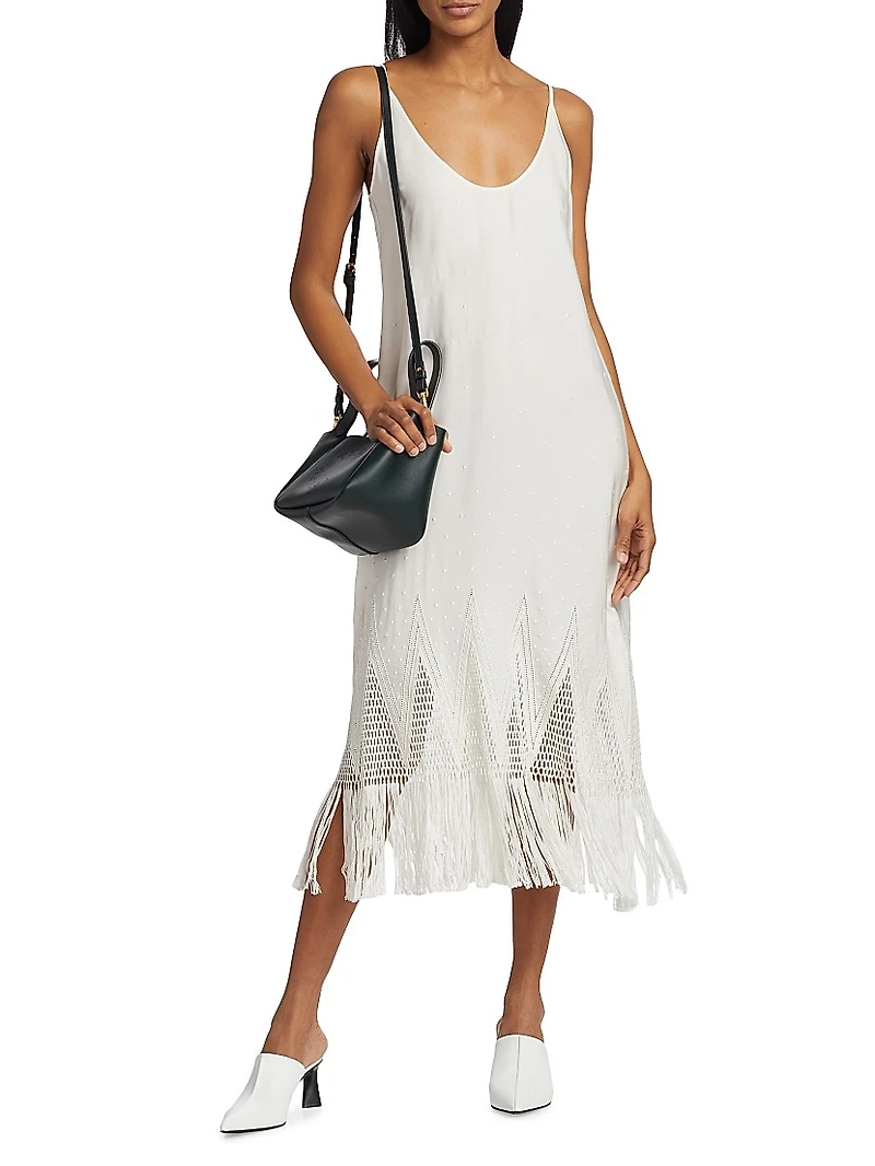 Embroidered Fringe-Trimmed Midi-Dress