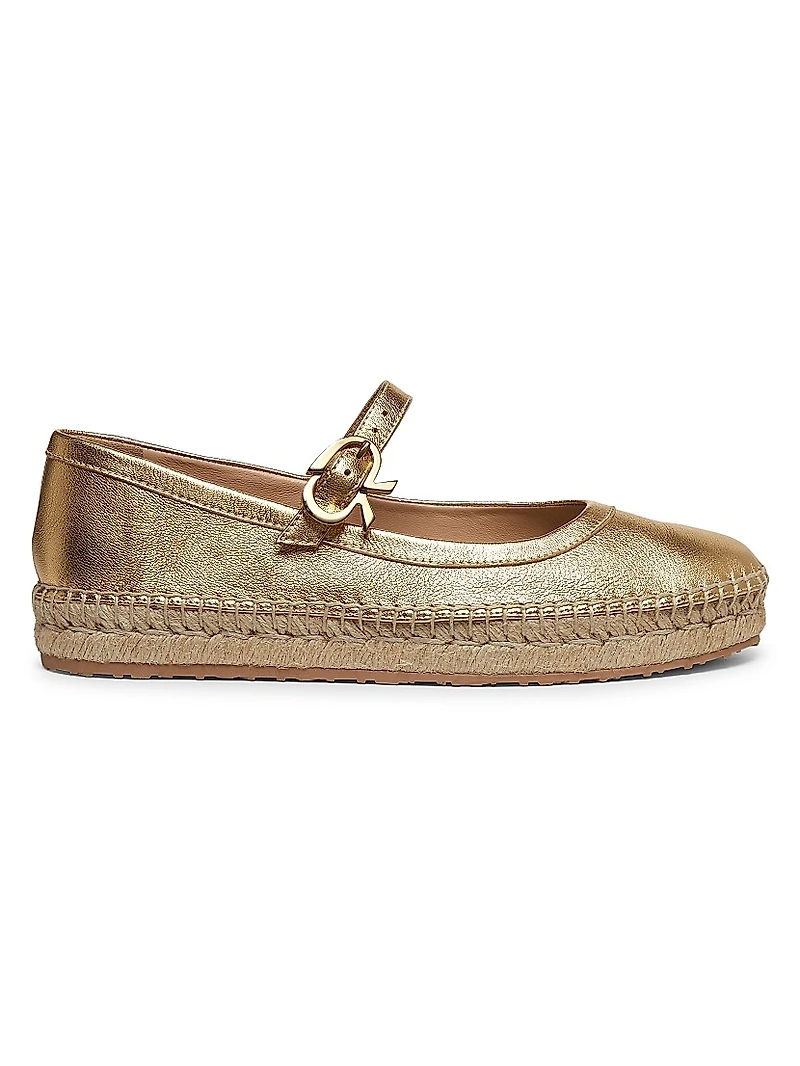 Metallic Leather Ribbon-Buckle Ballerina Flats