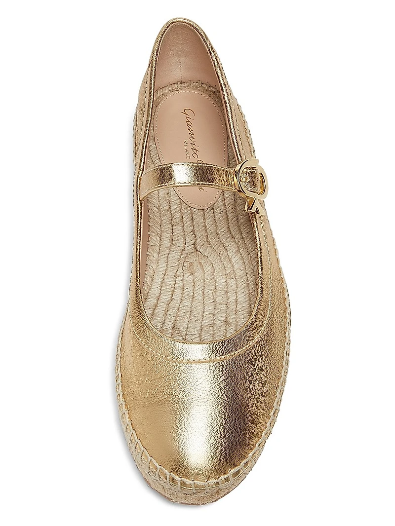 Metallic Leather Ribbon-Buckle Ballerina Flats