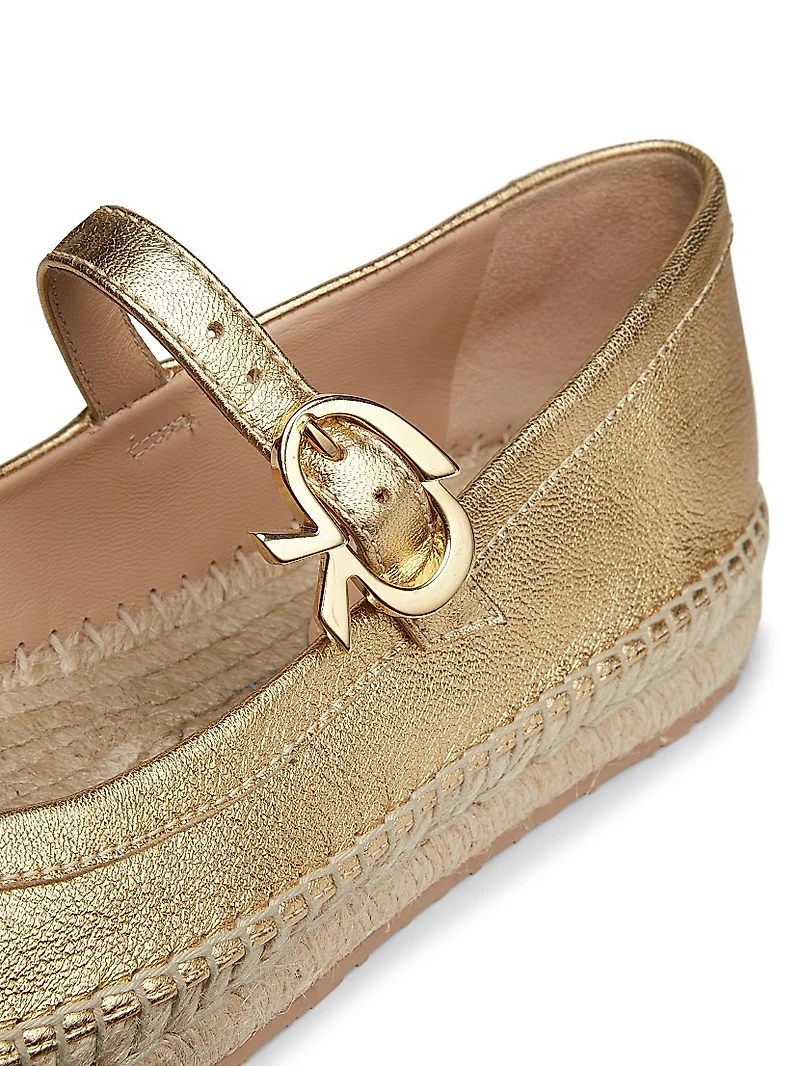 Metallic Leather Ribbon-Buckle Ballerina Flats