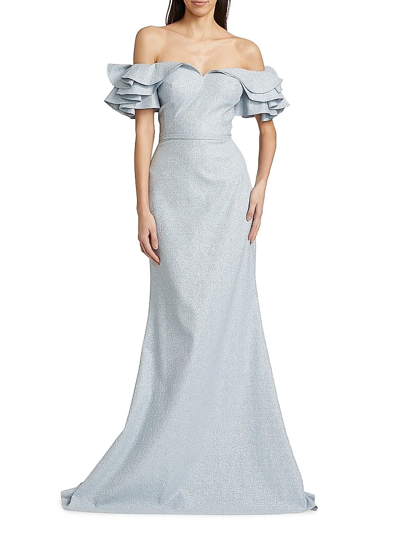 Jacquard Cascade Ruffle-Sleeve Gown