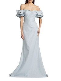 Jacquard Cascade Ruffle-Sleeve Gown
