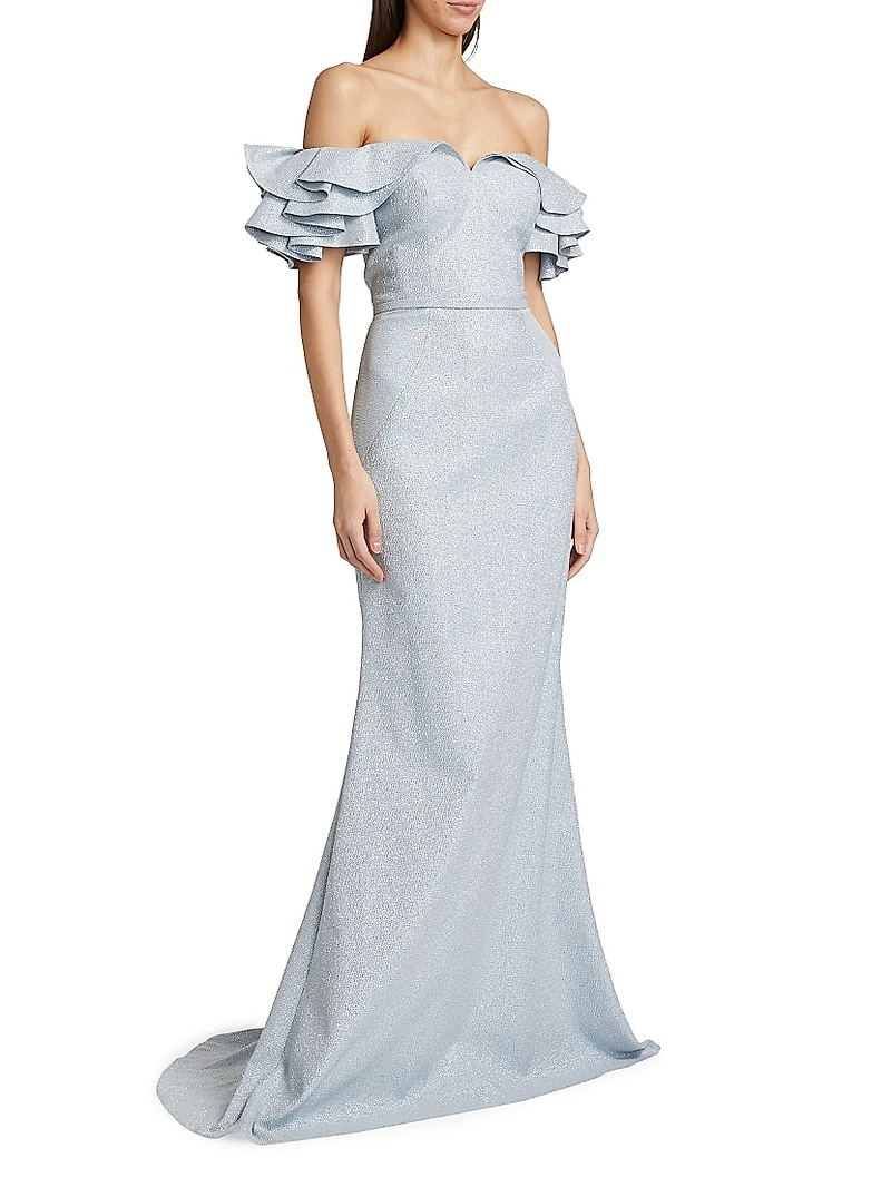 Jacquard Cascade Ruffle-Sleeve Gown
