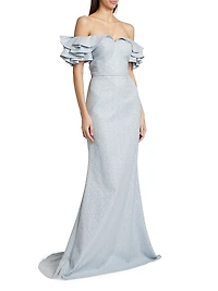 Jacquard Cascade Ruffle-Sleeve Gown
