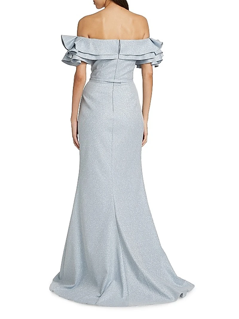 Jacquard Cascade Ruffle-Sleeve Gown