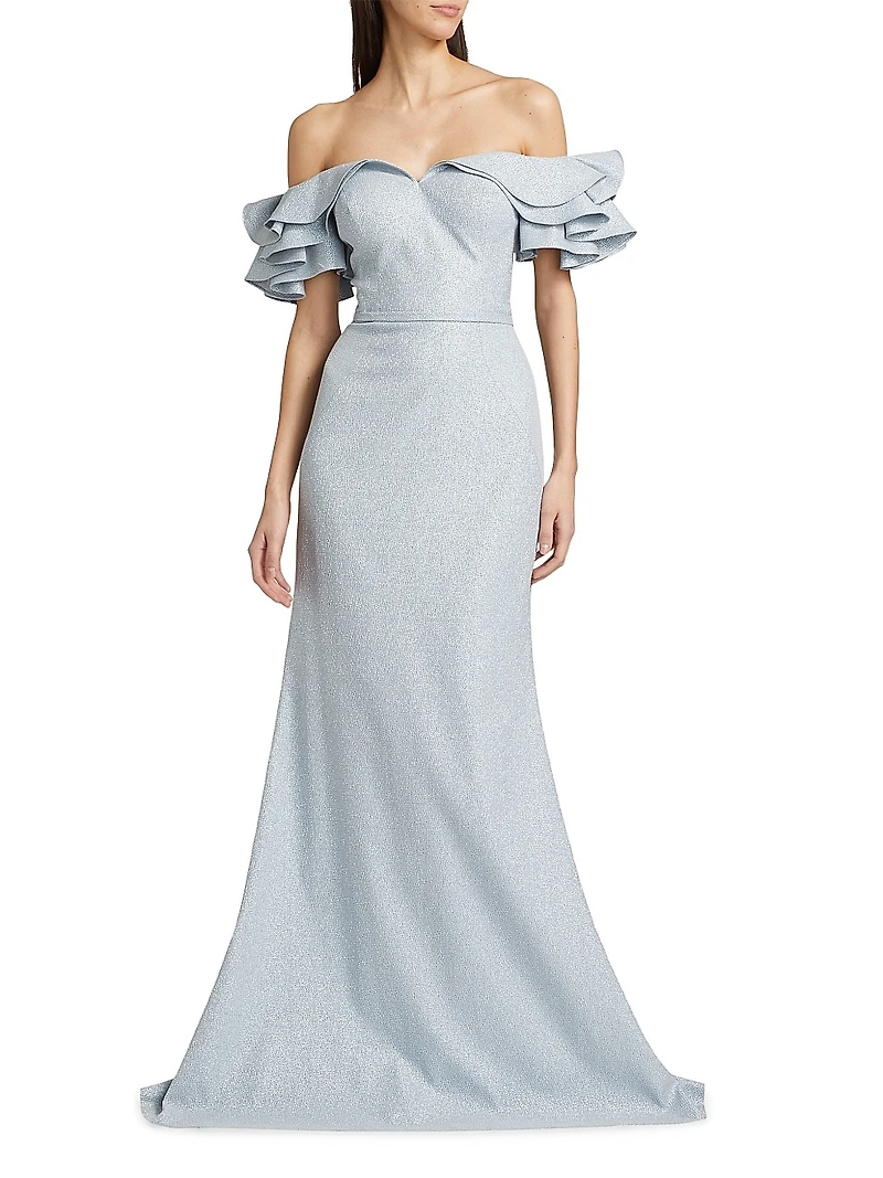 Jacquard Cascade Ruffle-Sleeve Gown