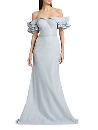 Jacquard Cascade Ruffle-Sleeve Gown