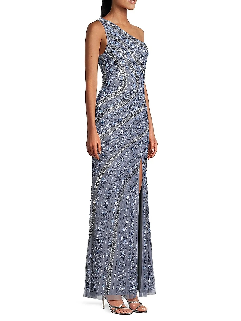 Beaded Sequin One-Shoulder Gown