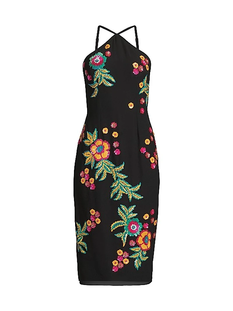 Floral Sequin Halter Midi-Dress