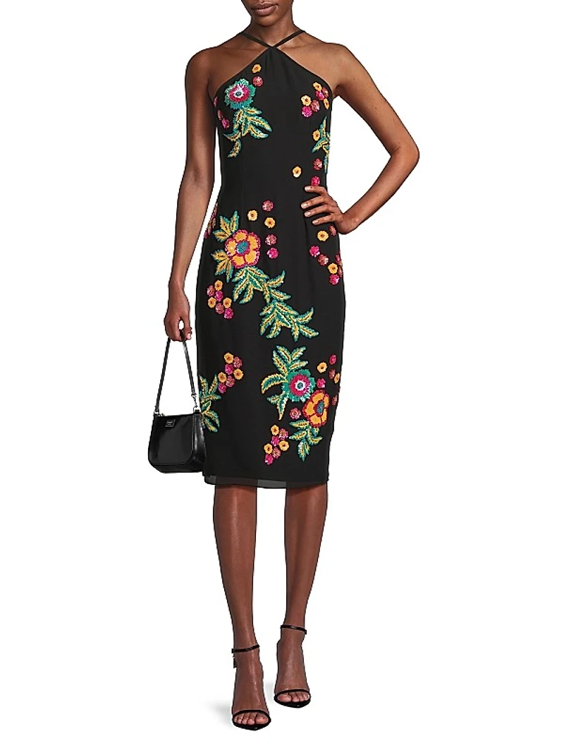 Floral Sequin Halter Midi-Dress