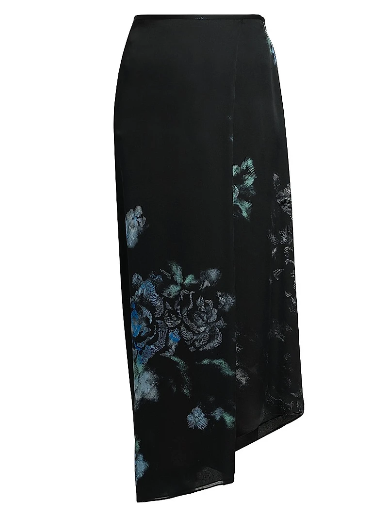 Floral Silk Asymmetric Maxi Skirt