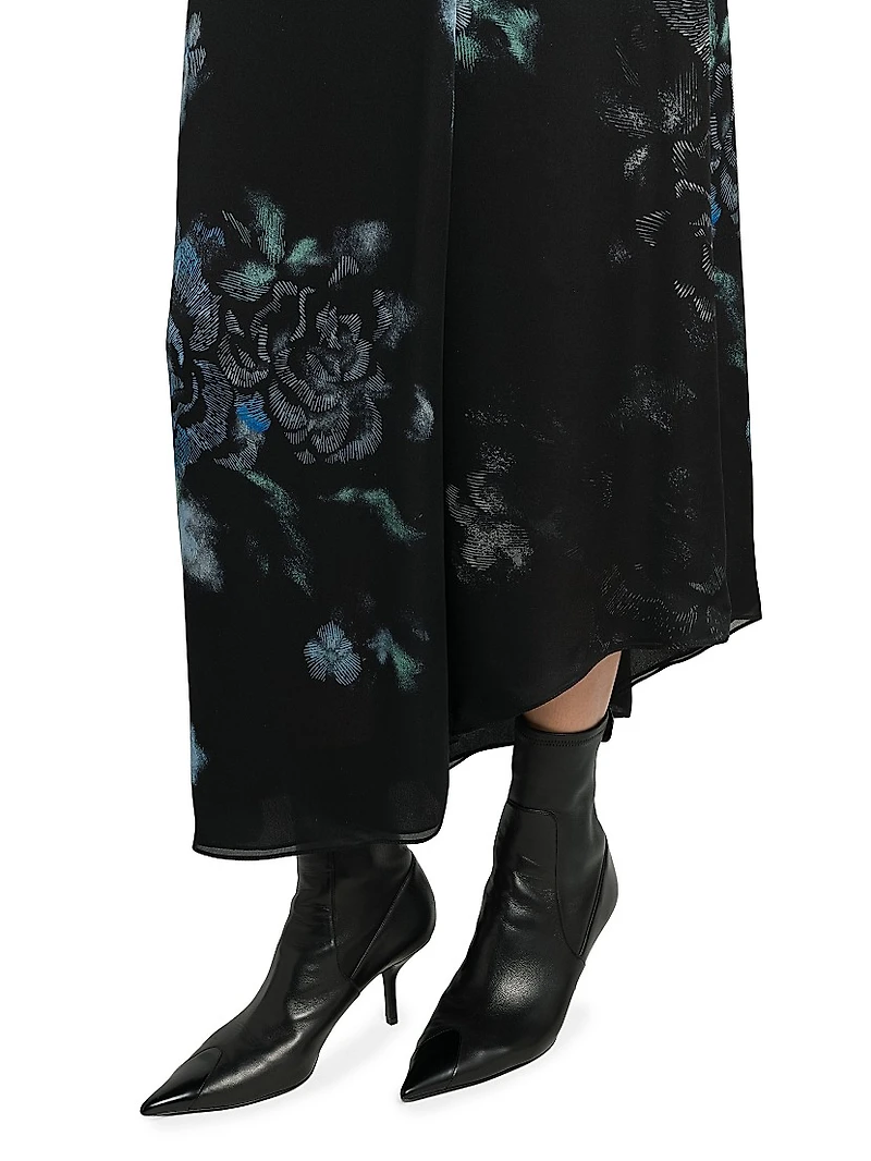 Floral Silk Asymmetric Maxi Skirt