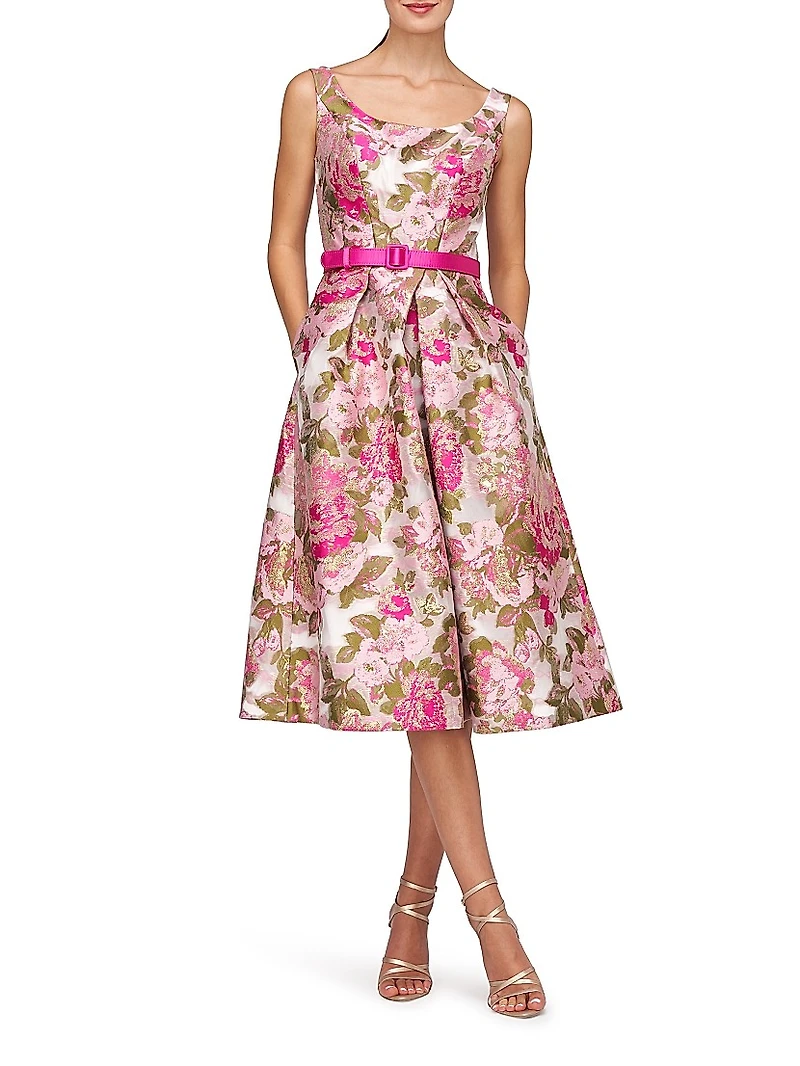 Miriam Floral Jacquard Belted Midi-Dress