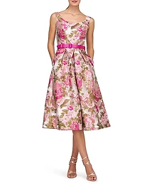 Miriam Floral Jacquard Belted Midi-Dress