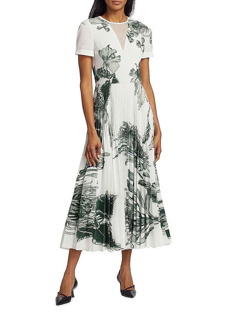 Pincushion Floral Pleated Midi-Dress