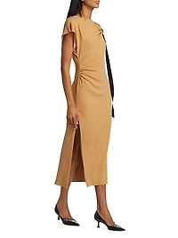Draped Neck Tie-Detail Crepe Dress