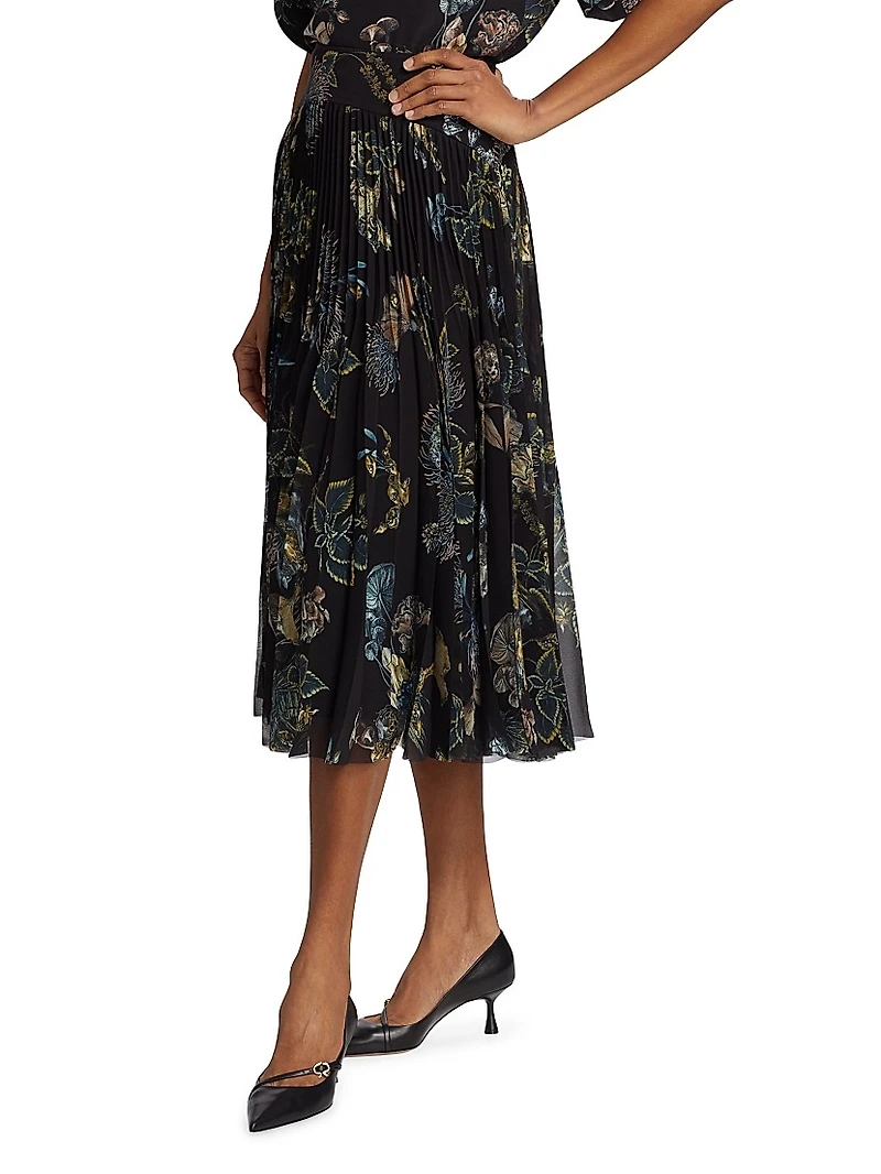 Forest Floral Chiffon Pleated Midi-Skirt