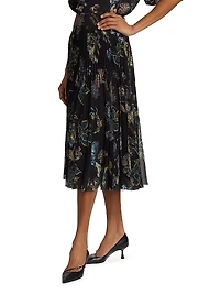 Forest Floral Chiffon Pleated Midi-Skirt