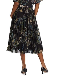 Forest Floral Chiffon Pleated Midi-Skirt