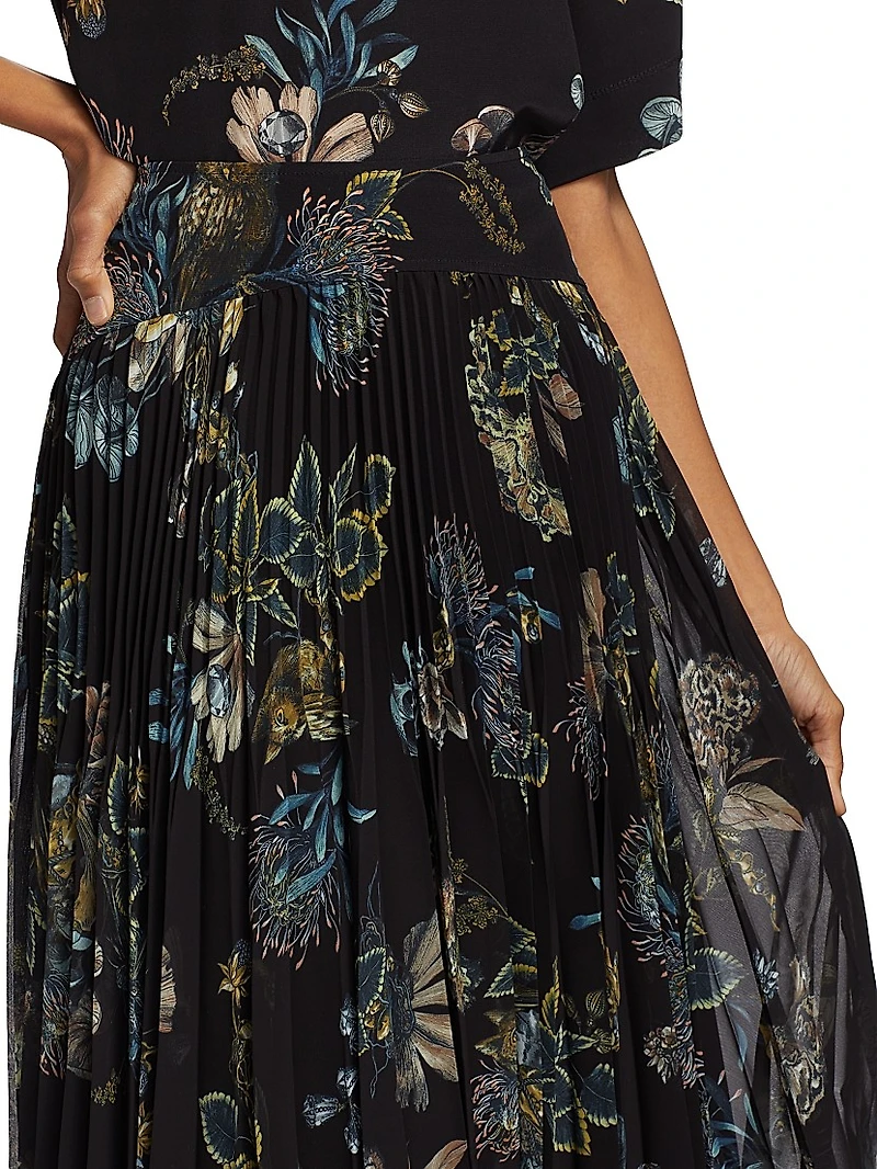Forest Floral Chiffon Pleated Midi-Skirt