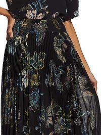 Forest Floral Chiffon Pleated Midi-Skirt