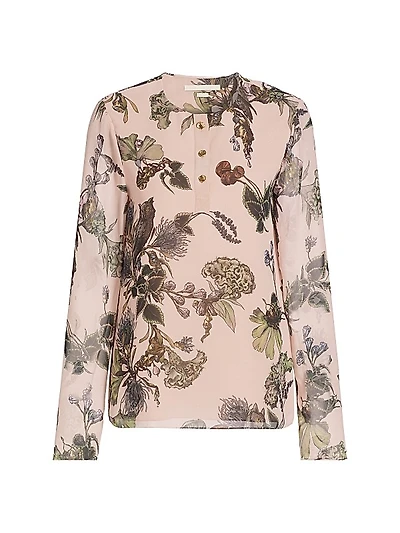 Semi-Sheer Forest Floral Henley Top