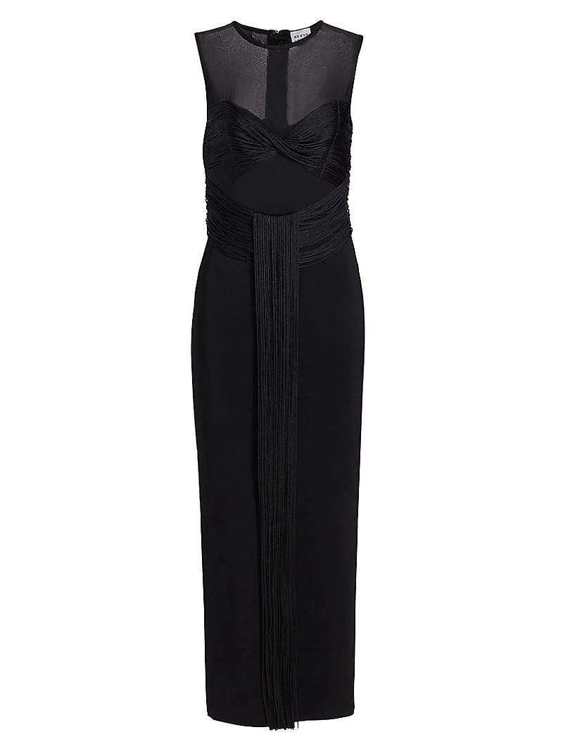 Nina Mesh Paneled Fringe Gown