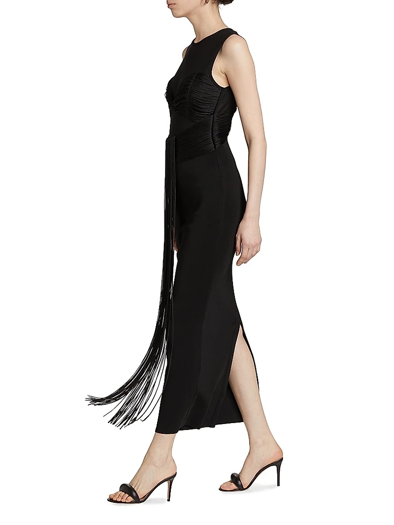 Nina Mesh Paneled Fringe Gown