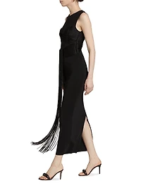 Nina Mesh Paneled Fringe Gown