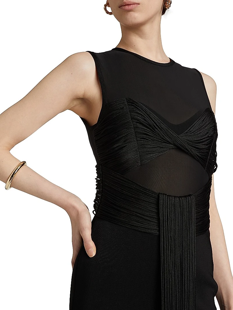 Nina Mesh Paneled Fringe Gown
