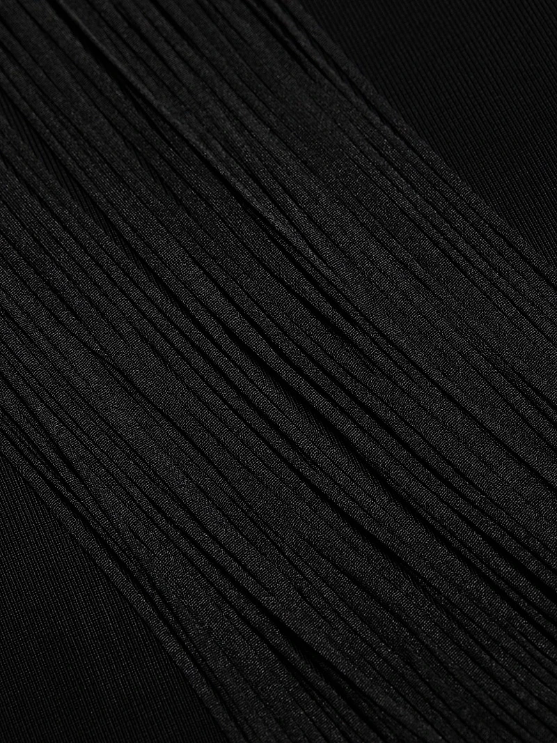 Nina Mesh Paneled Fringe Gown