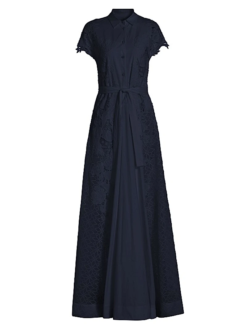 Guipure Lace Tie-Waist Shirtdress