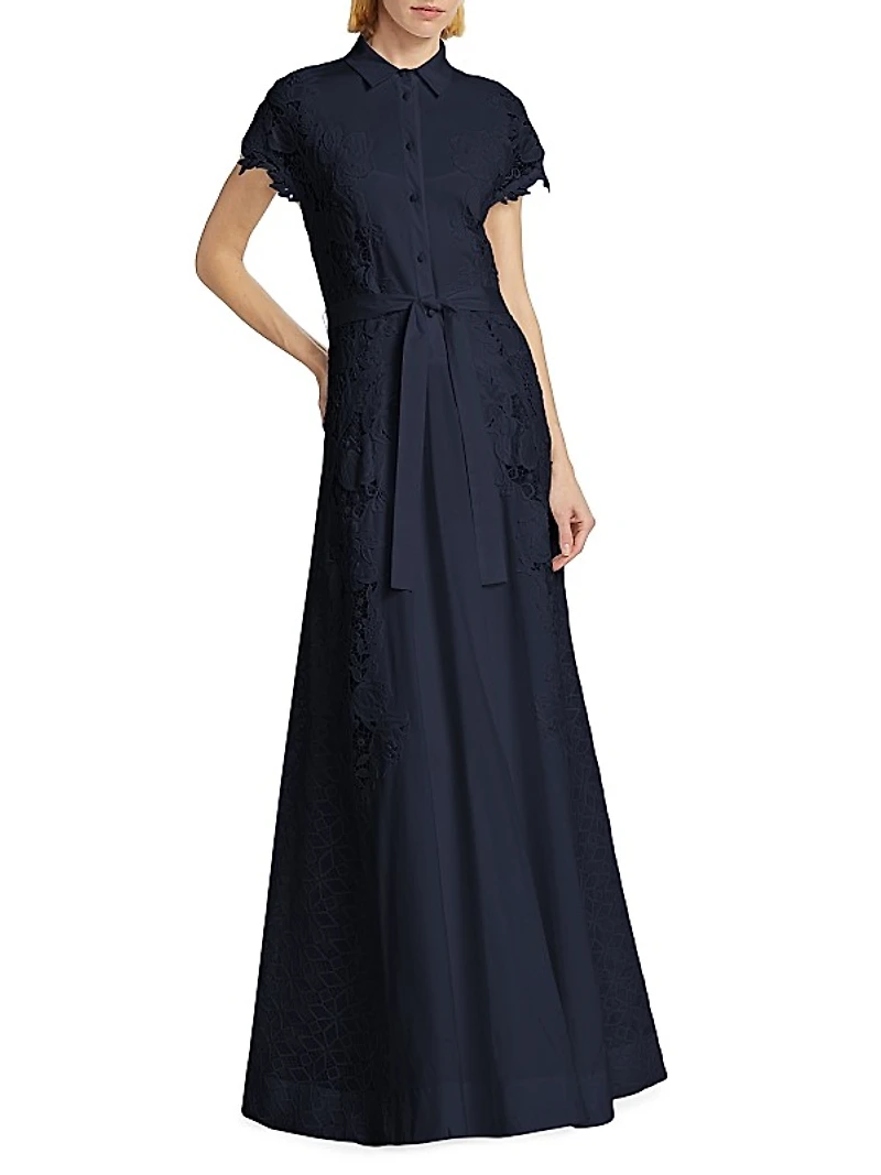 Guipure Lace Tie-Waist Shirtdress