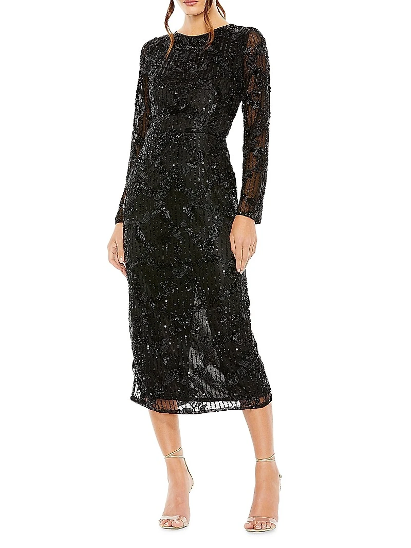 Beaded Long-Sleeve Midi-Dress