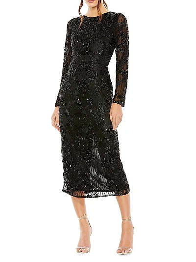 Beaded Long-Sleeve Midi-Dress
