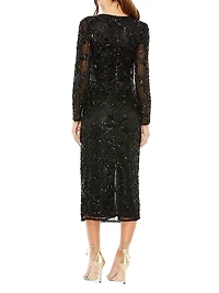 Beaded Long-Sleeve Midi-Dress