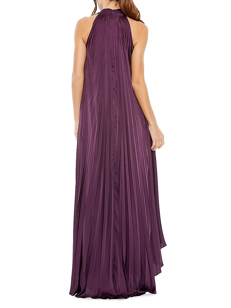 Pleated Halter High-Low Gown