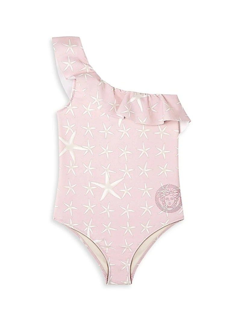 Little Girl's & Girl's Sea Starfish Print One-Shoulder One-Piece Swimsuit