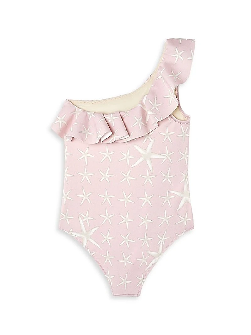Little Girl's & Girl's Sea Starfish Print One-Shoulder One-Piece Swimsuit