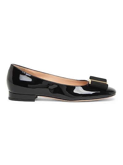 Logo & Ribbon-Accented Patent Leather Ballerina Flats