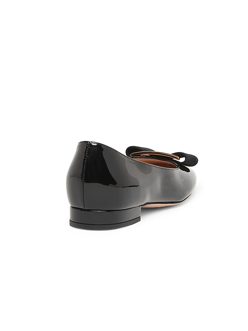 Logo & Ribbon-Accented Patent Leather Ballerina Flats