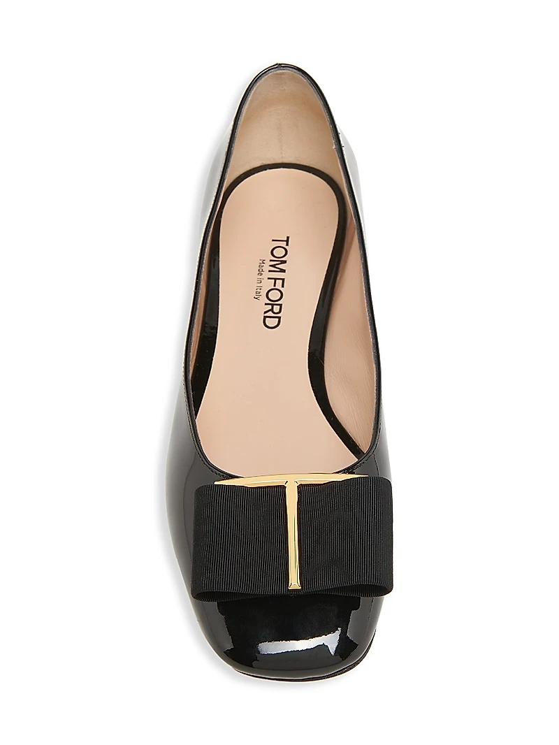 Logo & Ribbon-Accented Patent Leather Ballerina Flats